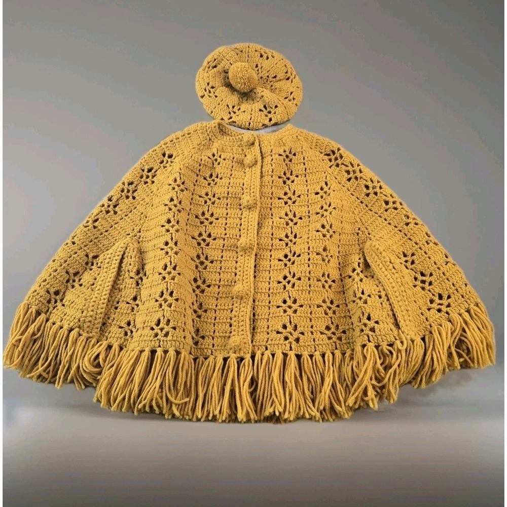 VTG Crocheted Gold Girl's Shawl Poncho Button Front & Hat Handmade Size 12‎ -14
